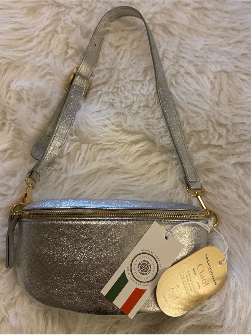Metallic Silver Crossbody Crossbody bag with Gold Hardware- Made in Italy